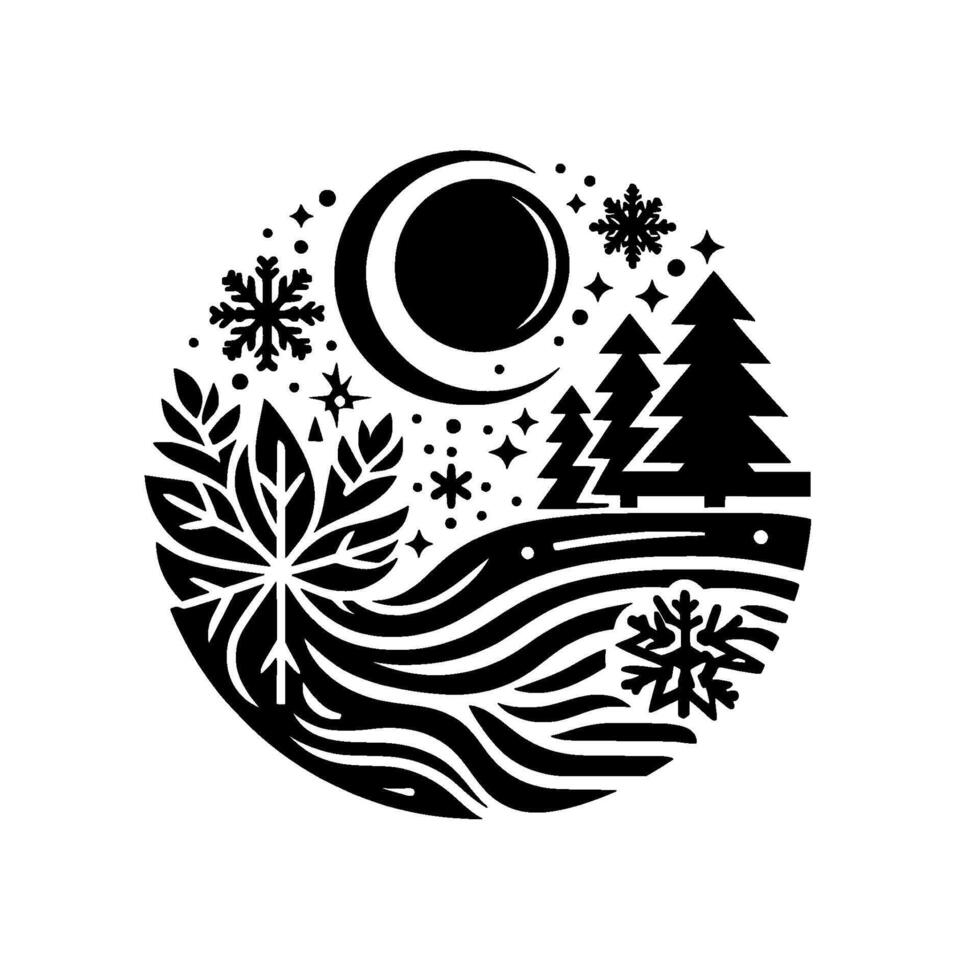 A black and white winter landscape illustration enclosed within a circle, featuring a crescent moon, snowflakes, and stylized trees and foliage. vector