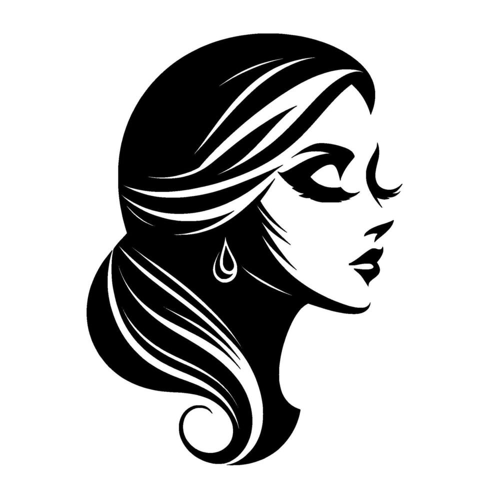 Elegant monochrome silhouette a womans profile, showcasing flowing hair, luscious lashes, and a teardrop earring against a white background. vector