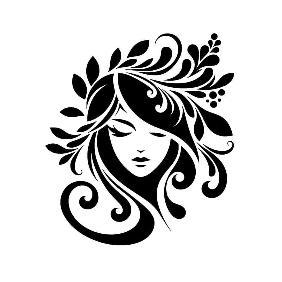 An elegant, monochromatic stylized illustration of a woman with flowing hair adorned with leafy embellishments, evoking serenity and grace. vector