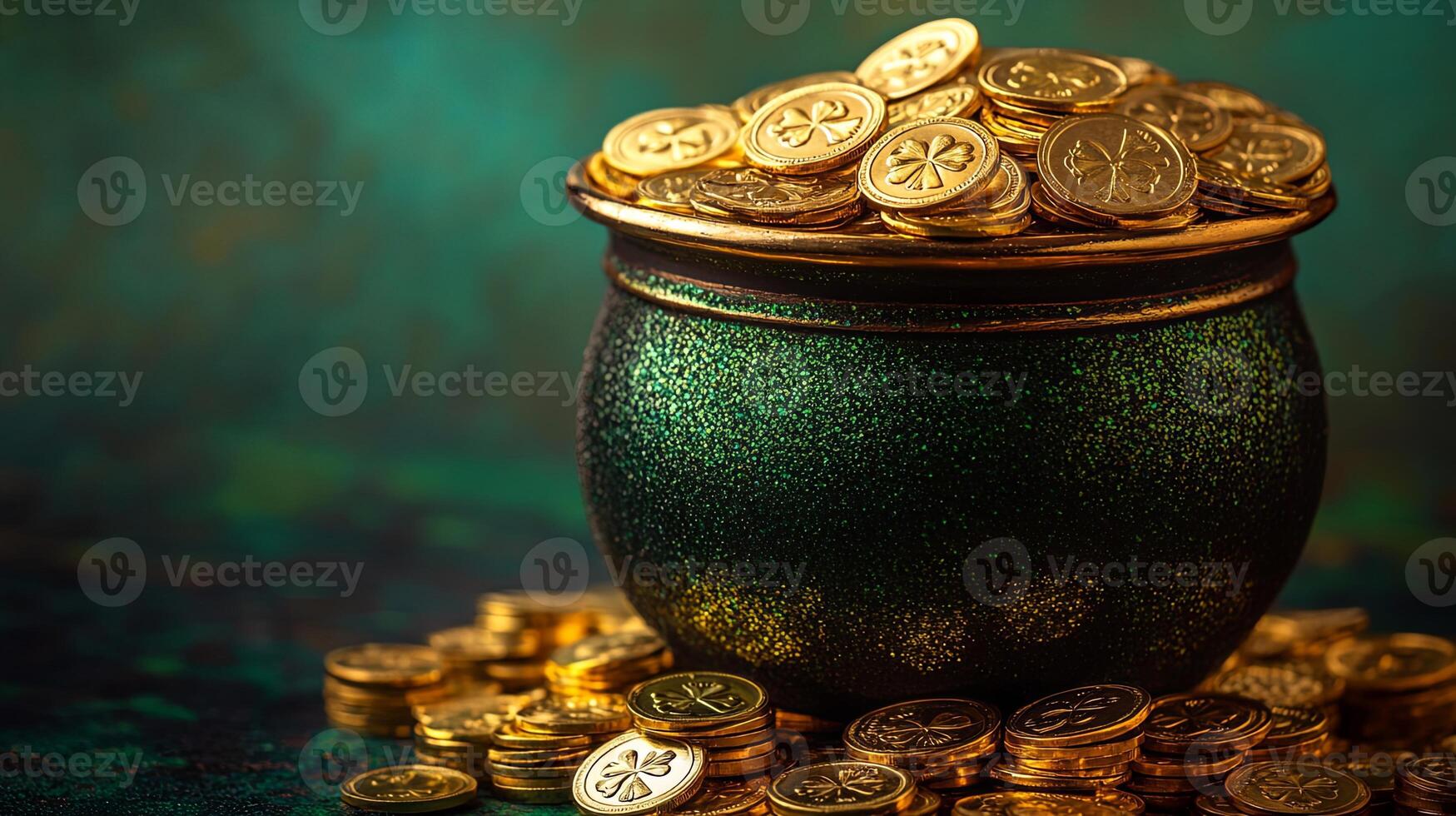 St Patricks day celebration features a pot of gold coins overflowing with treasures on a rich green background photo