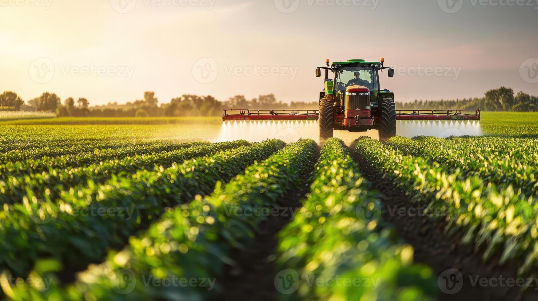 Tractors apply fertilizer across expansive fields during golden hour at a farm in rural America showcasing agricultural practices in full swing photo