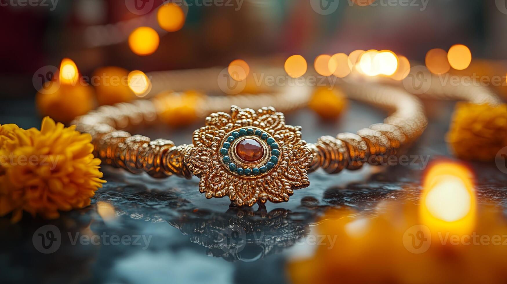 Celebration of Raksha Bandhan with traditional rakhi adorned with colorful flowers and lit diyas creating a festive atmosphere photo