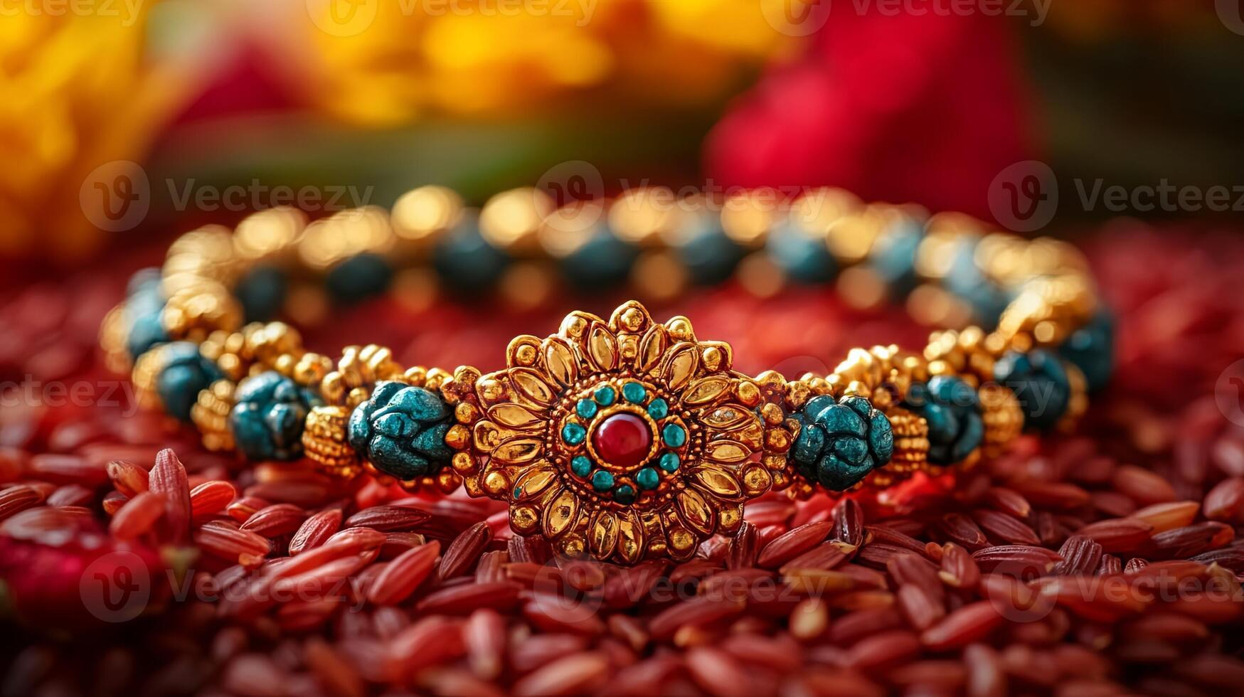Celebrating Raksha Bandhan with beautiful Rakhi and rice grains on a vibrant red background showcasing the bond between siblings photo