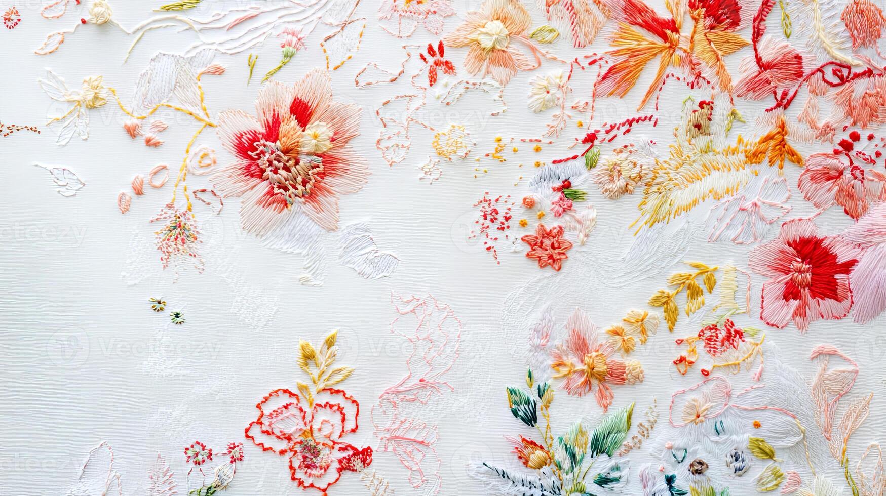 Intricate floral embroidery featuring vibrant threads and delicate patterns on a light background, showcasing craftsmanship and artistic design photo