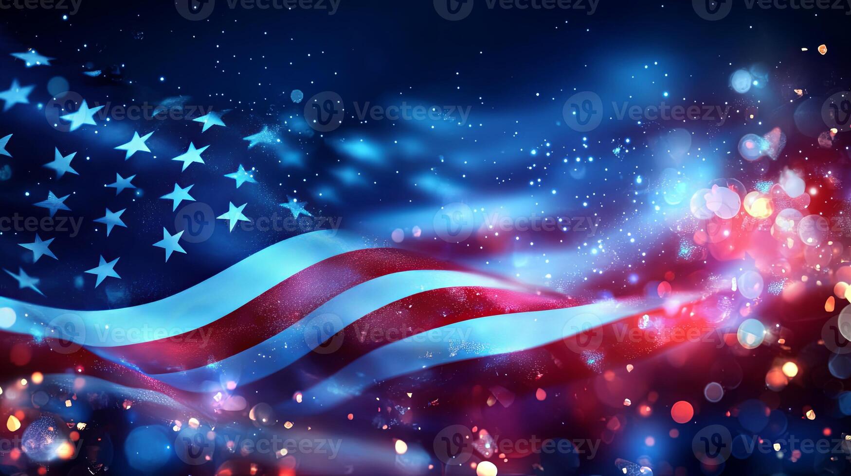 American flag waving amidst vibrant lights creating a festive atmosphere for national celebrations or events photo
