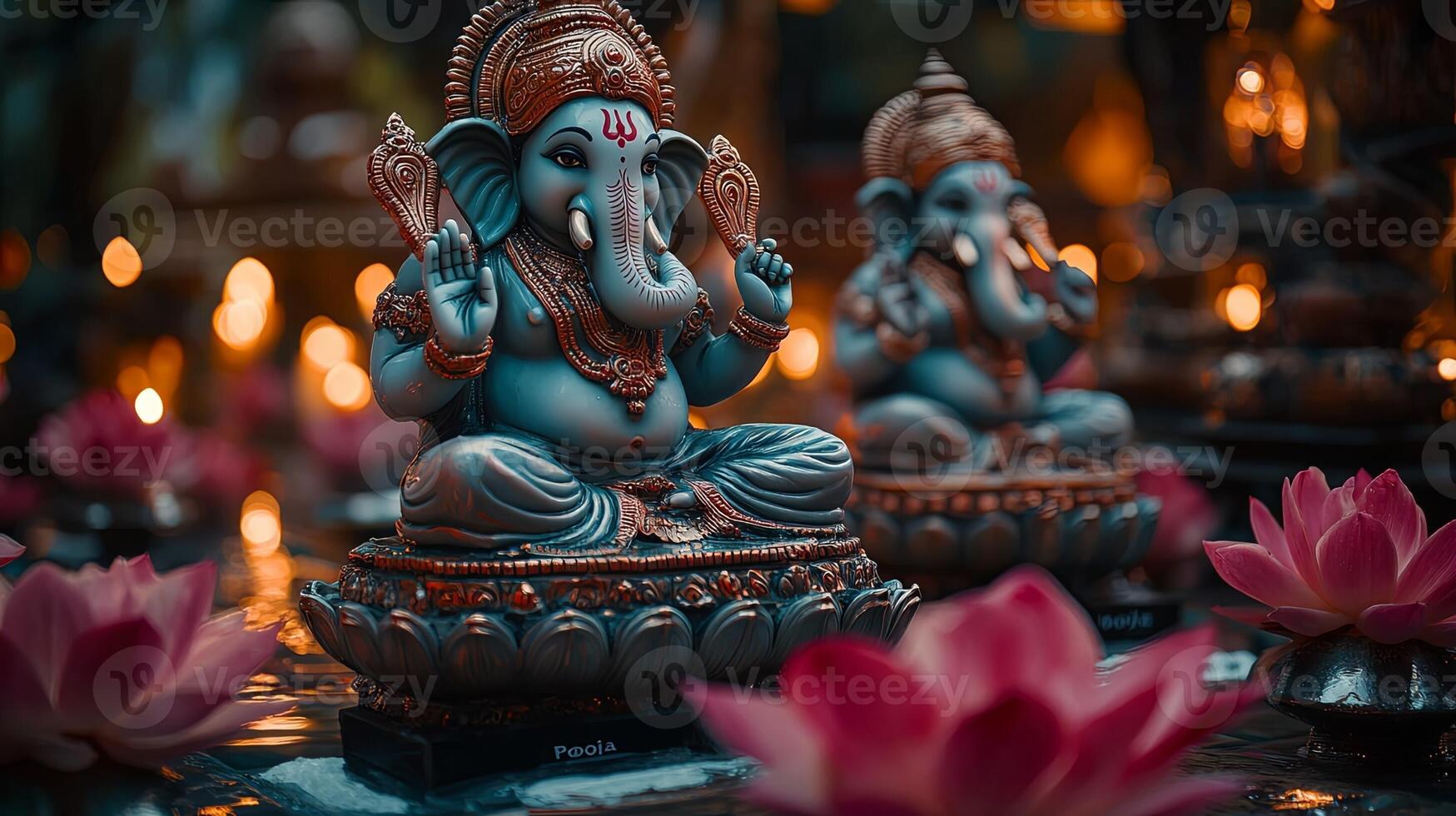 Laxmi Ganesh pooja during Hindu festivals with decorations flowers and traditional elements including diya and kalash to celebrate spirituality and devotion photo