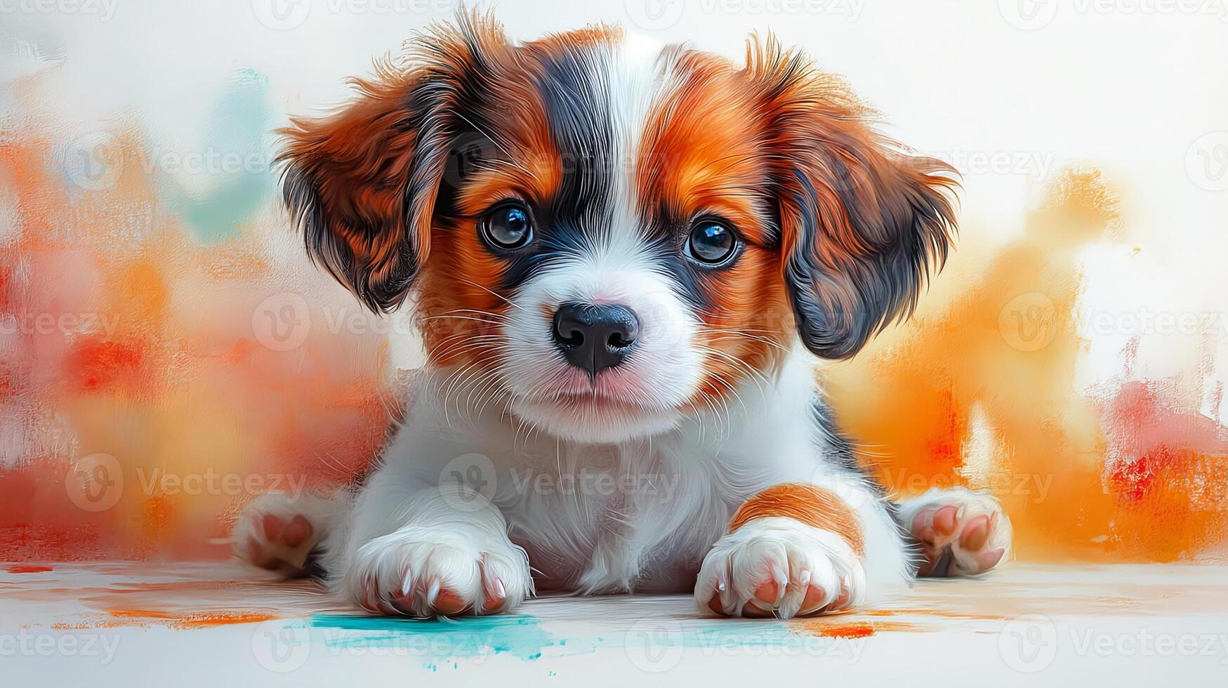 Cute puppy with brown and white coat posing on a colorful background in a bright and cheerful setting photo