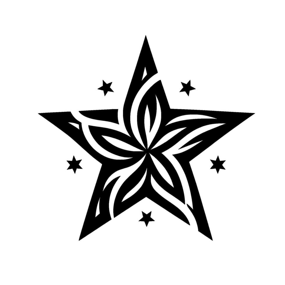 Intricate black and white starburst featuring floral elements and smaller star accents on white background. vector