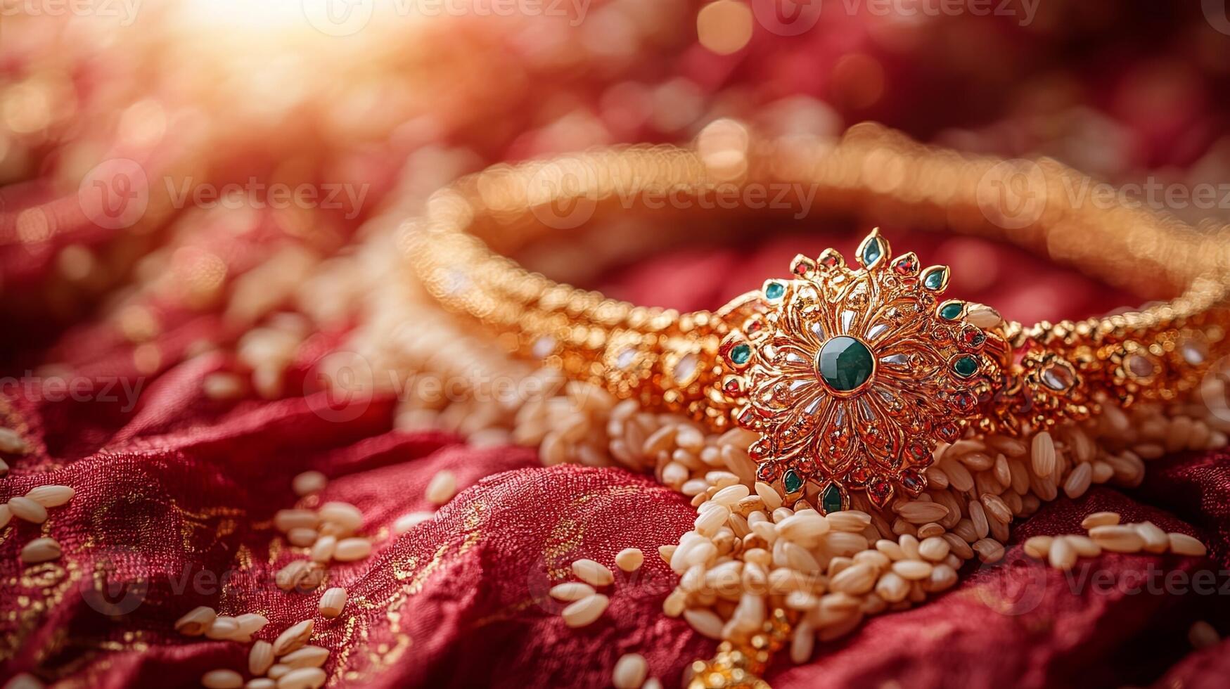 Celebrate Raksha Bandhan with elegance highlighted by a beautiful Rakhi and rice grains on a vibrant red textured cloth backdrop photo