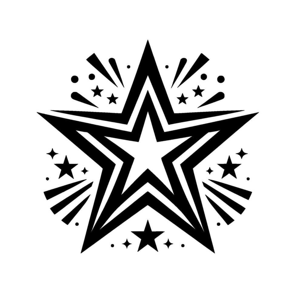 Black and white illustration of a stylized fivepointed star with inner star and surrounding bursts, stars, and dots, set against a clean white backdrop. vector