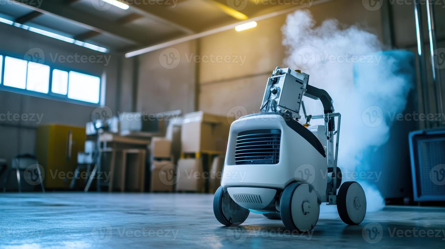 Innovative cleaning robot operates in a large warehouse, demonstrating advanced technology and efficiency during a cleaning task photo