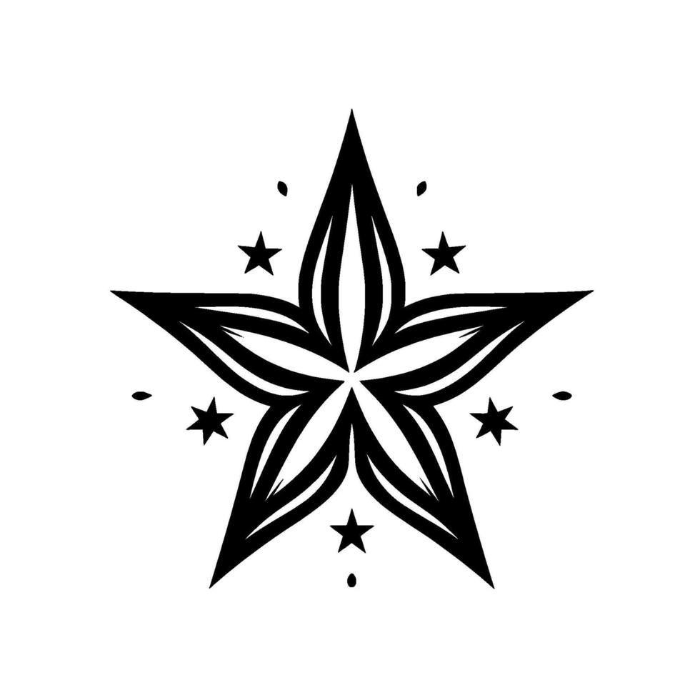 Intricate black and white star with detailed floral interior and additional starry accents on a simple background. vector