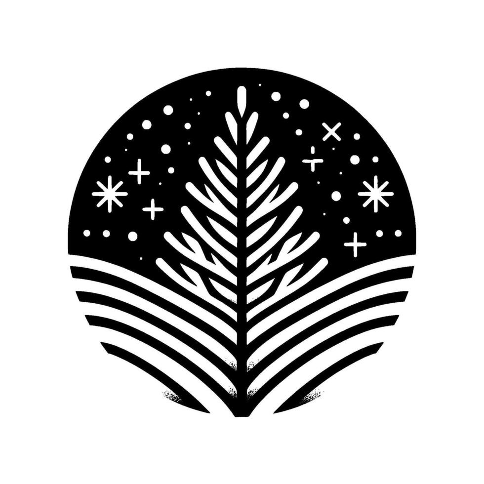 Minimalist black and white circular featuring a stylized fir tree amidst a snowy landscape, evoking winter and a sense of simplicity. vector