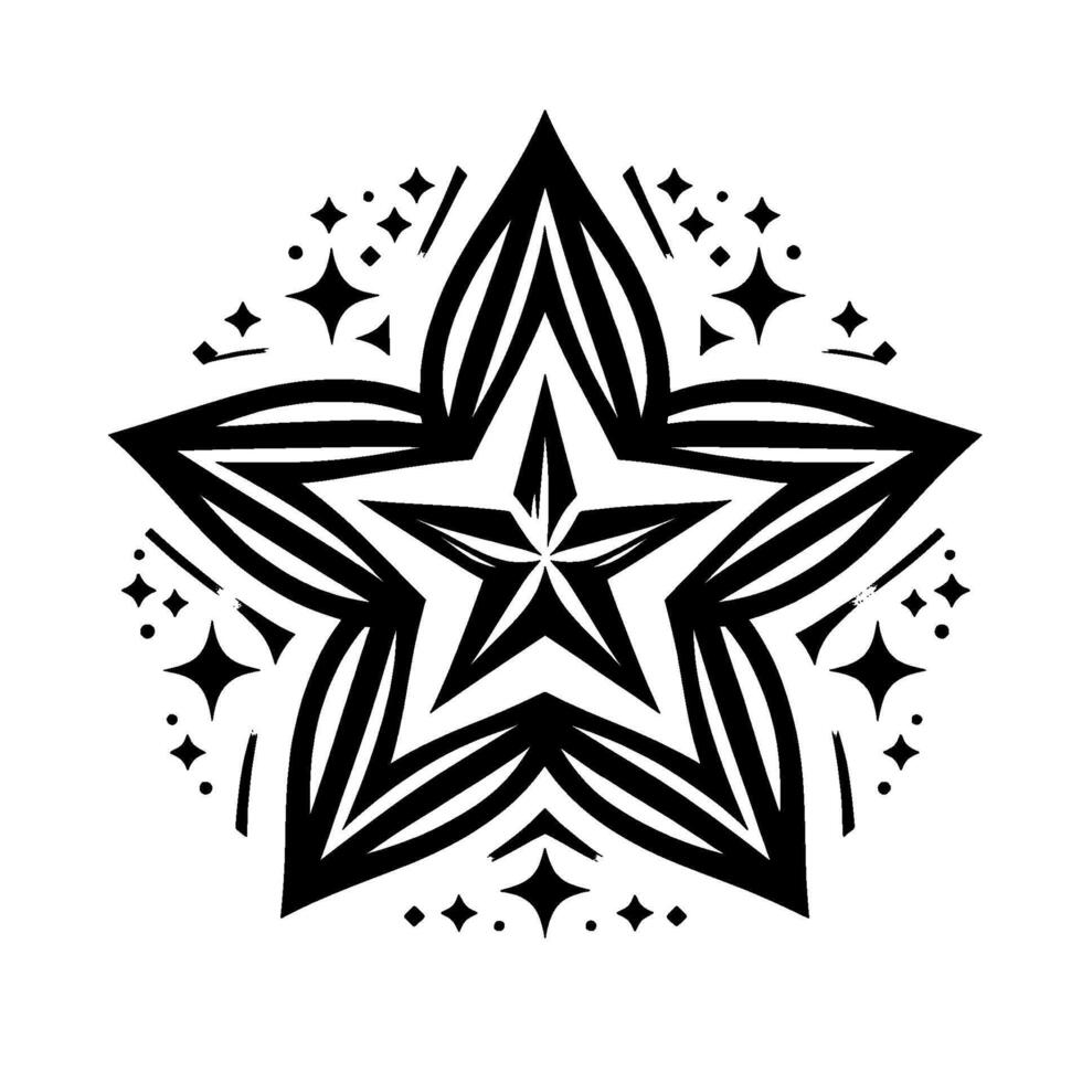 Intricate black and white starburst a geometric featuring a fivepointed star, surrounded by sparkling accents on a white background. vector