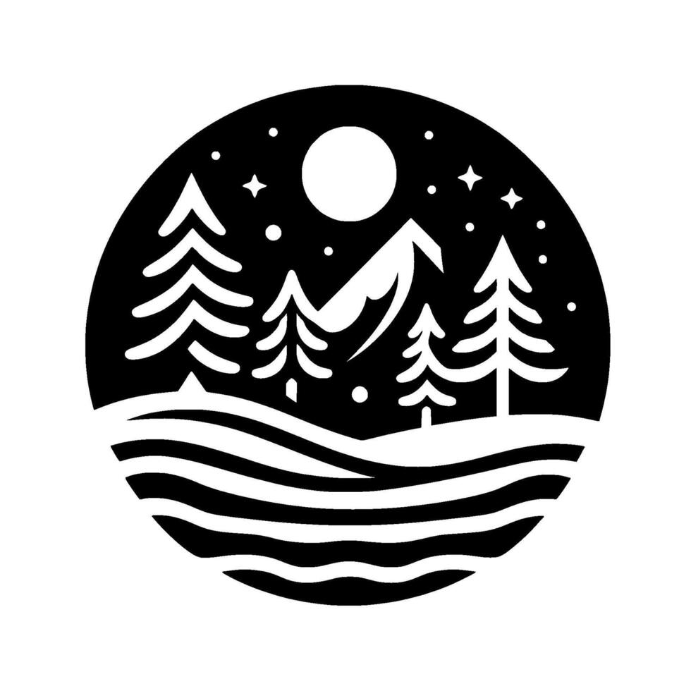 Serene nightscape black white circular emblem depicting mountainous terrain, forest, crescent moon, stars, and rippled water in style. vector