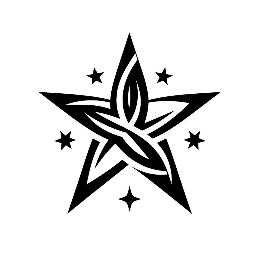 A bold black and white pentagram design, featuring an intricately stylized star at the center, surrounded by smaller star motifs, creating a sense of symbolic elegance. vector