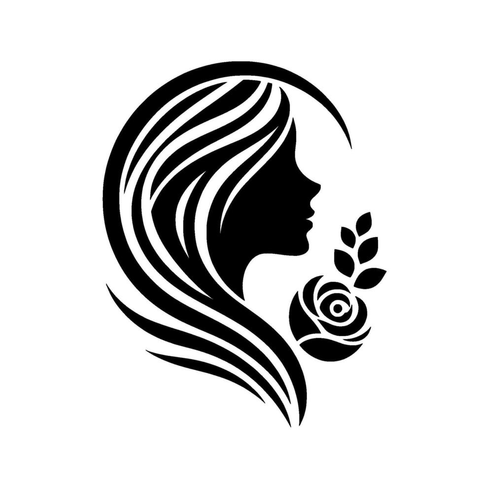 Elegant silhouette a womans profile adorned with flowing hair, a rose, and leaves, rendered in stark black and white. vector
