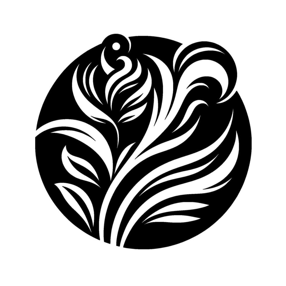 A stylized, monochromatic floral emblem, featuring a central vertical arrangement of leaves and curved elements within a circular black frame, evoking elegance. vector