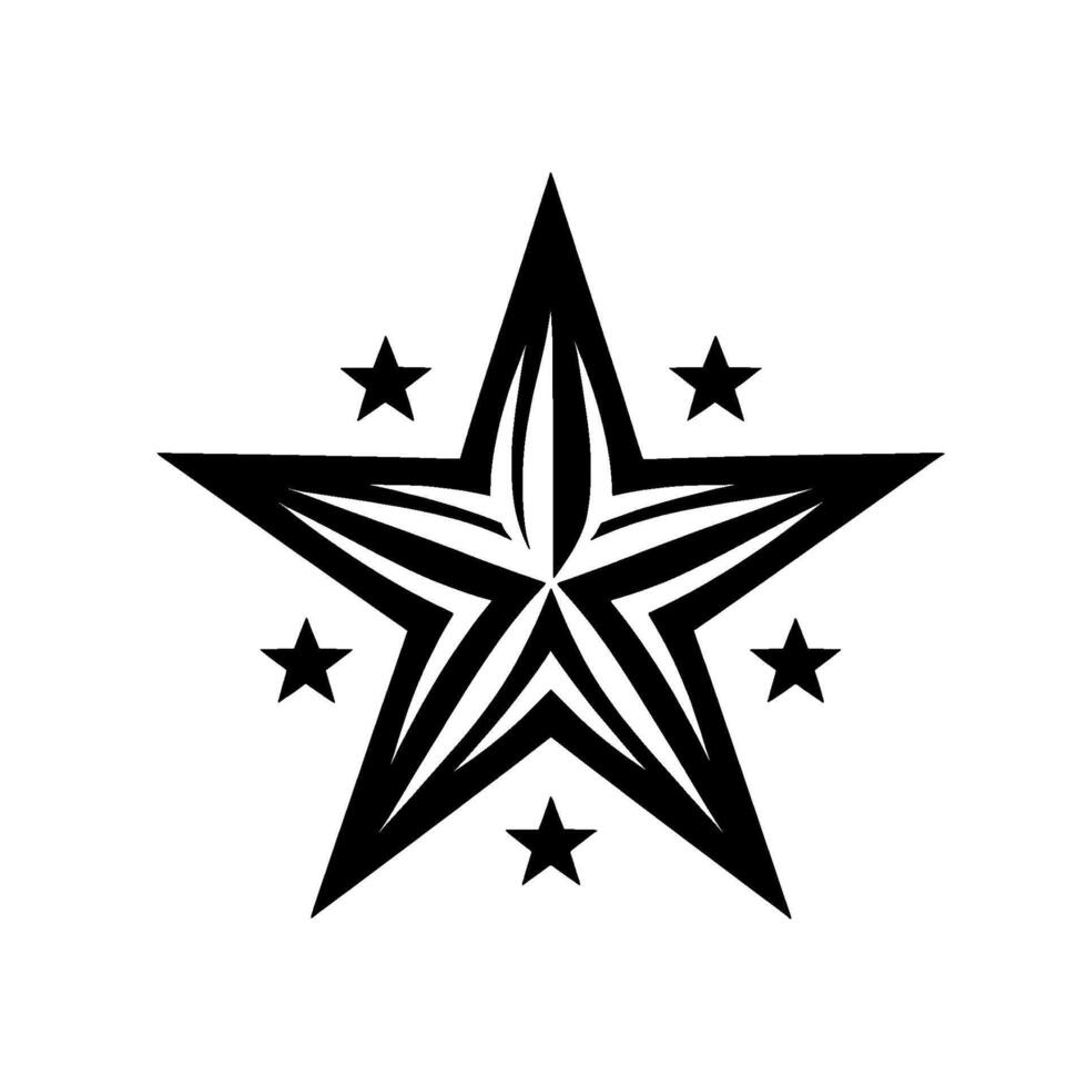 Striking black and white illustration of an intricate star motif, surrounded by smaller star shapes, set against a plain white backdrop. vector