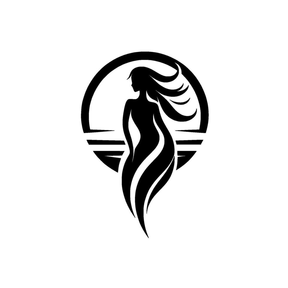 Silhouette of a woman with flowing hair inside a circle emblem, evoking elegance and minimalism. vector