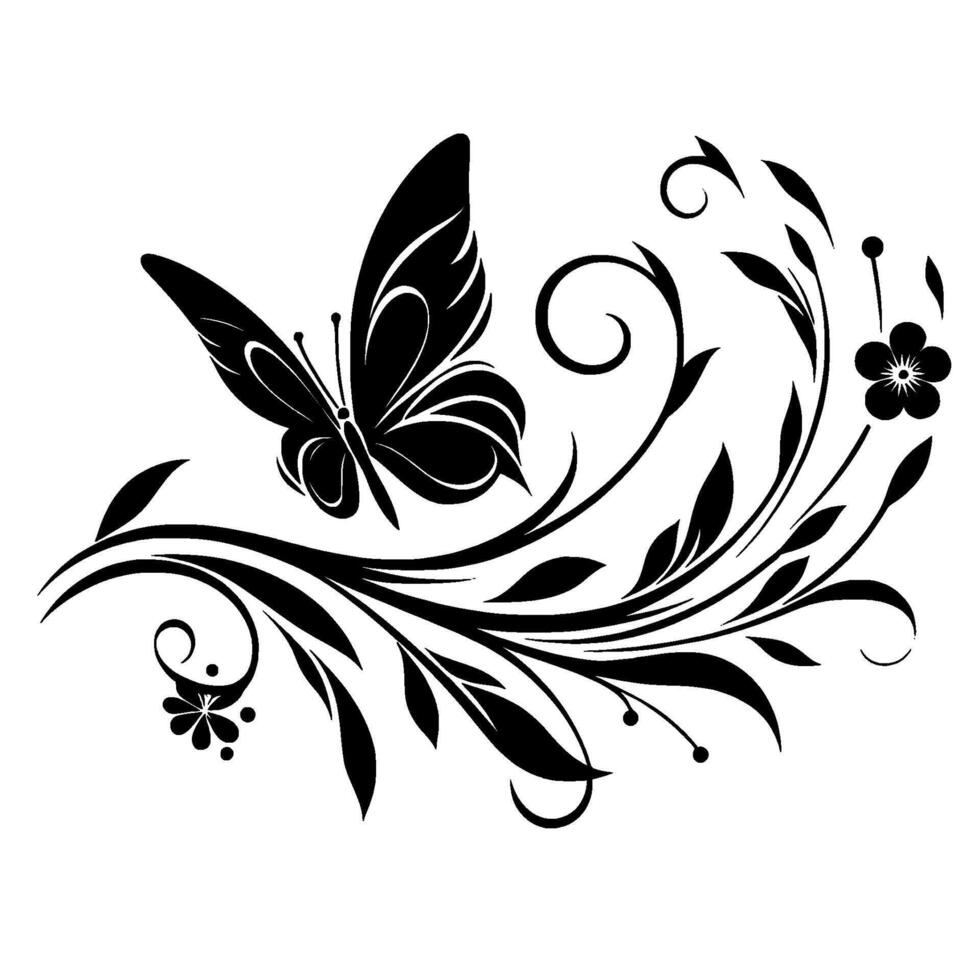 Elegant black butterfly and floral on white background, featuring graceful swirls, leaves, and blossoms, perfect for decorative applications. vector