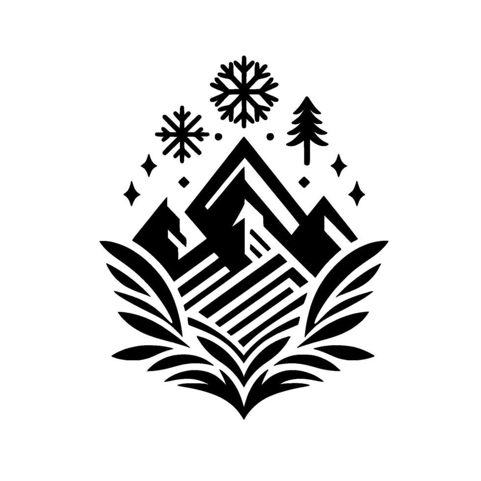 Elegant black and white winter a stylized mountainscape with snowflakes, evergreen tree, and decorative leaf base, evoking a sense of serenity. vector