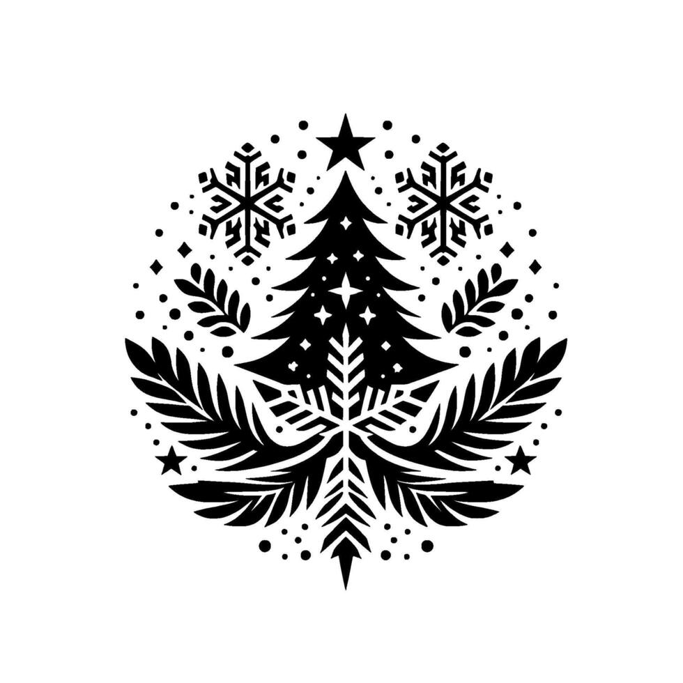 Elegant black and white christmas ornament a stylized festive featuring a christmas tree, snowflakes, stars, and foliage within a circular composition. vector