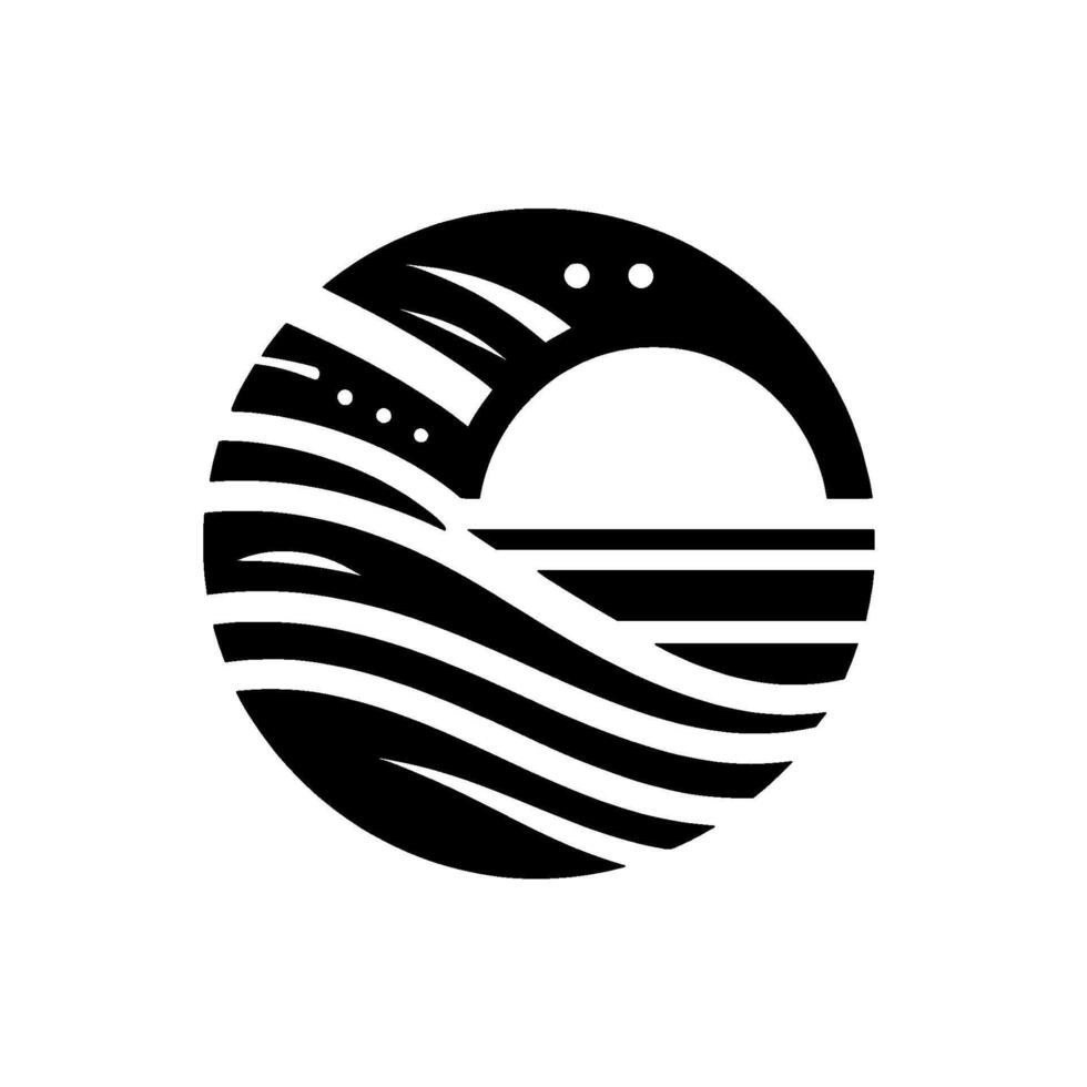 A minimalist design, featuring a black circle containing a stylized sun and ocean, rendered in bold strokes and geometric shapes against a white backdrop. vector