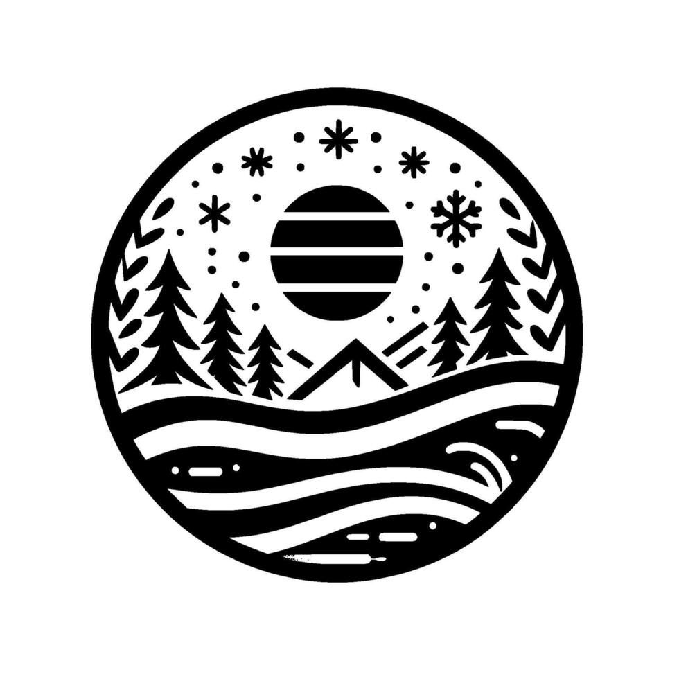 Minimalist black white winter scene in a circle snowy mountains, pine trees, and a striped sun, evoking a sense of tranquility and nature. vector