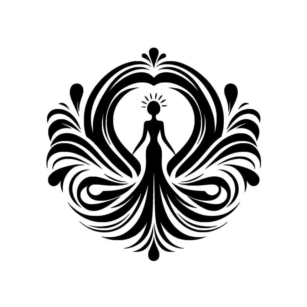 Elegant silhouette of a radiant figure within ornate black flourishes, symbolic of grace and empowerment, set against a clean white background. vector