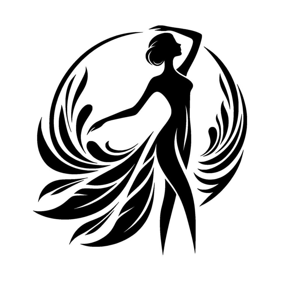 Silhouette of a graceful woman in flowing dress and circular elements, evoking elegance and motion, set against a stark white backdrop. vector
