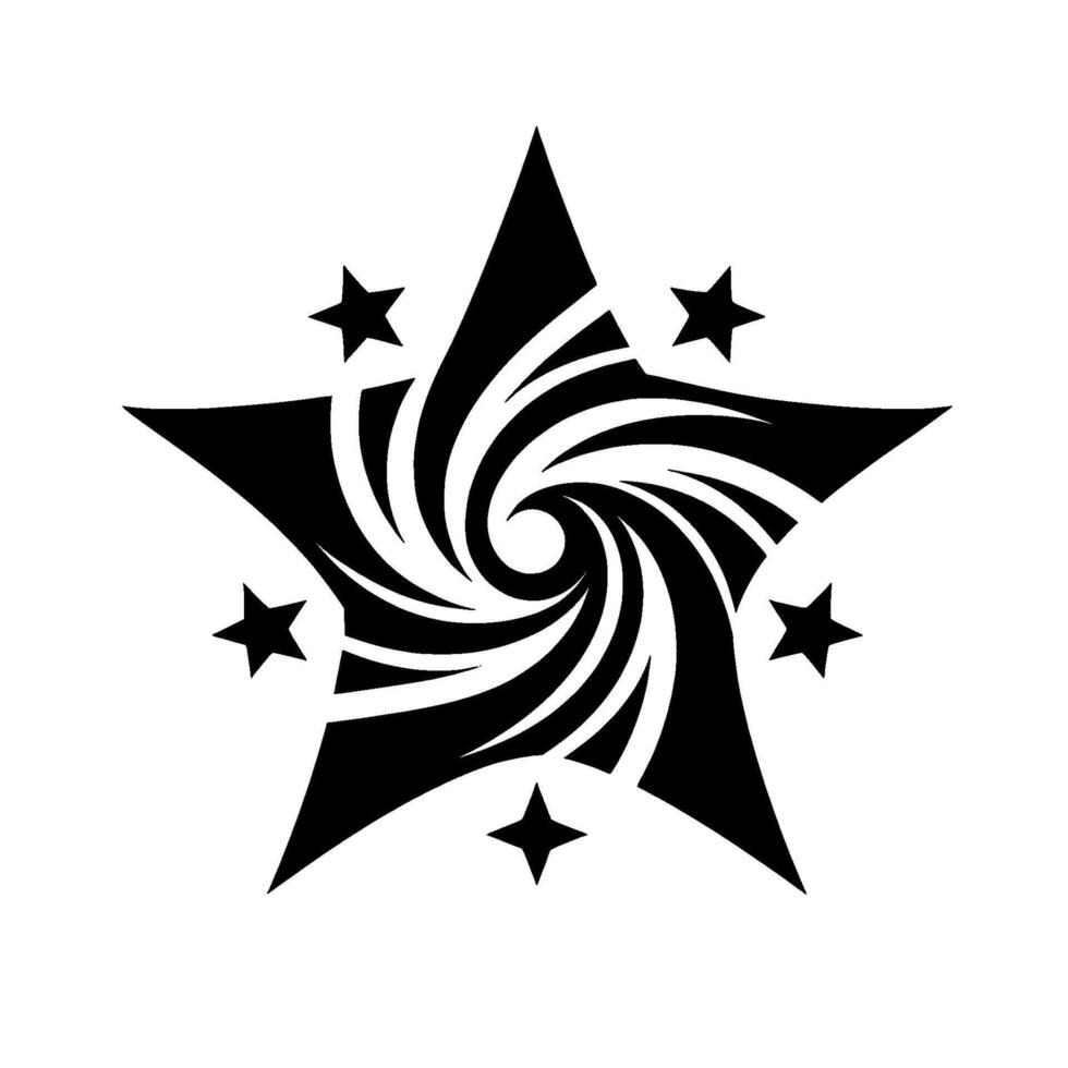 Black and white minimalist star with an inner spiral and surrounding small stars on a white background. vector