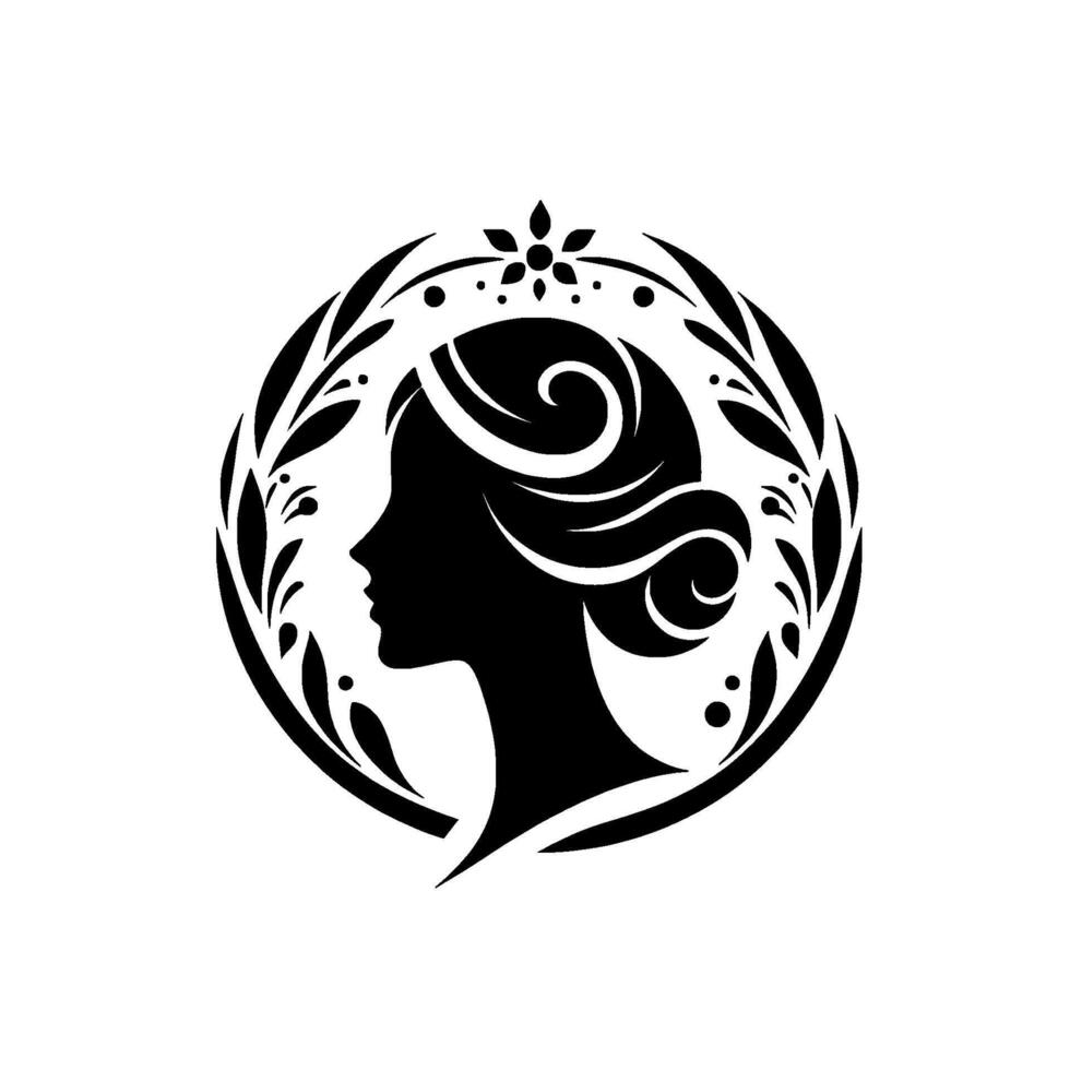 Elegant black silhouette of a womans profile within a circular botanical frame, emphasizing grace and serenity. vector