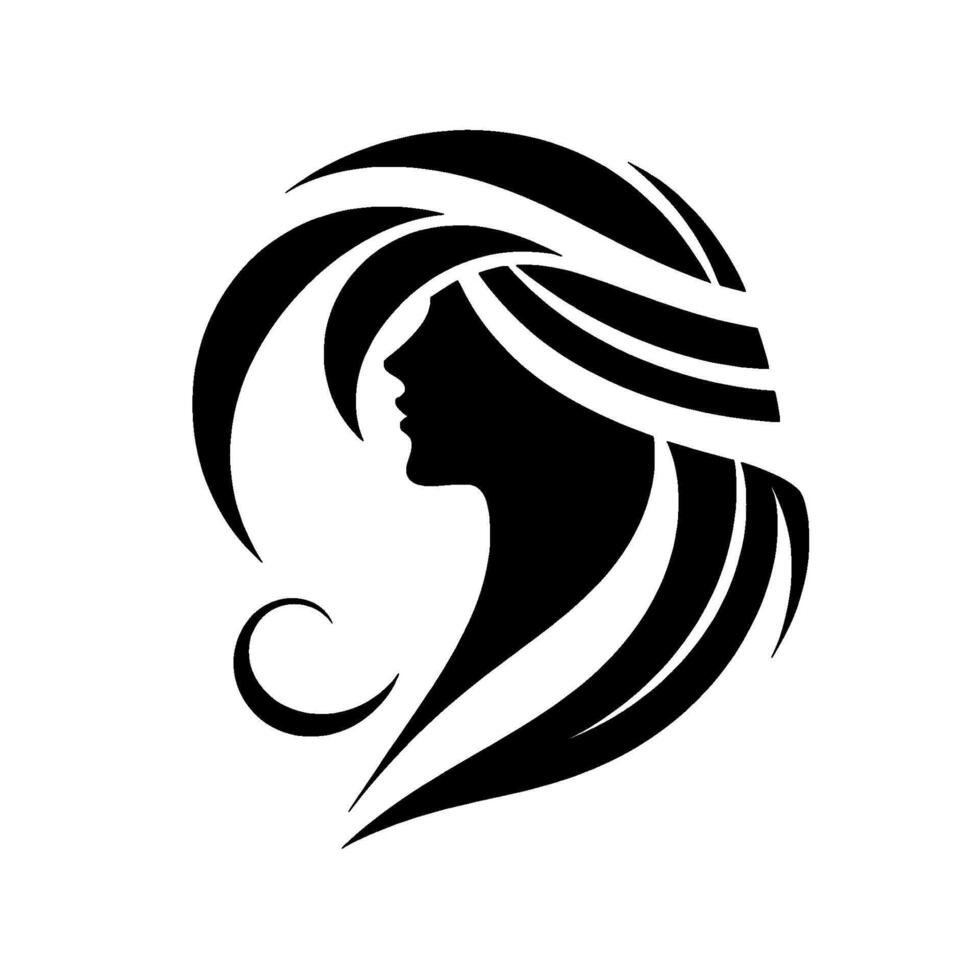 Elegant silhouette of a womans profile with flowing hair, encircled by arcing lines in a bold, minimalist black and white design. vector
