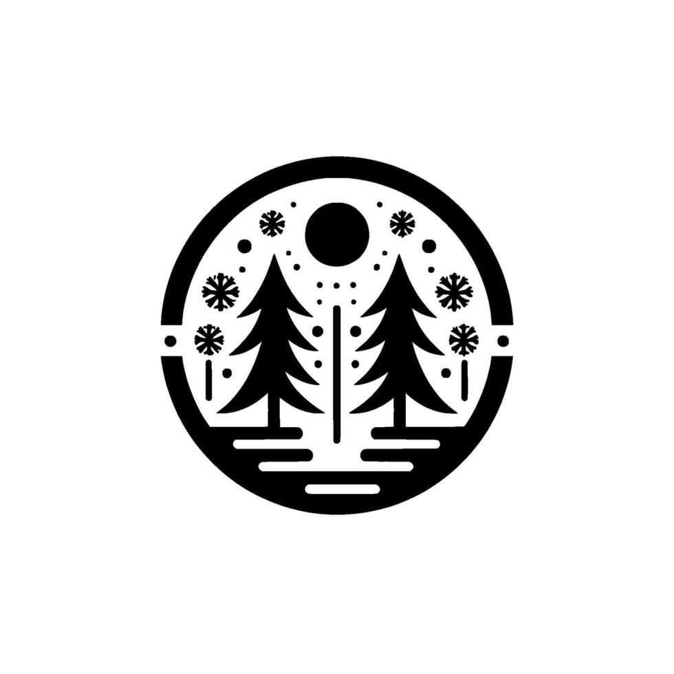 Minimalist black and white circular illustration of a winter landscape with fir trees, snowflakes, a sun and the moon. vector