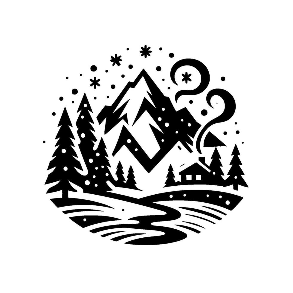 Serene winterscape silhouette a black and white illustration of snowcapped mountains, a cozy cabin, and a winding river amidst a snowy forest. vector