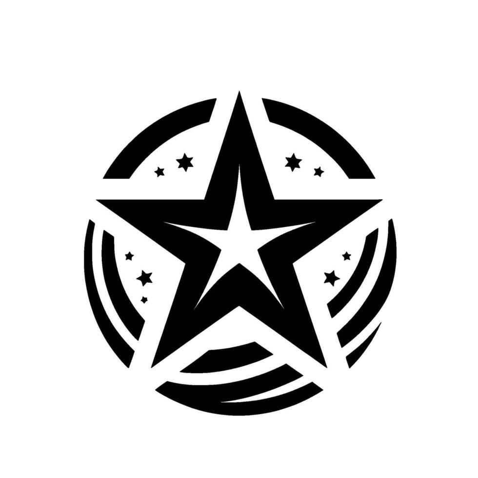 Black and white emblem featuring a bold star within a circle, adorned with smaller stars, radiating strength and patriotism. vector