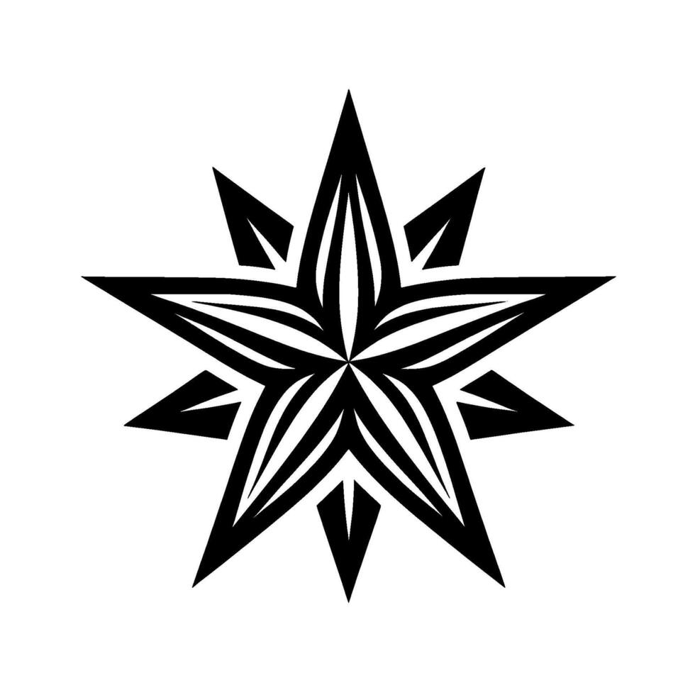 A bold, eightpointed star in monochrome, featuring intricate, striped interior details against a clean white backdrop. vector