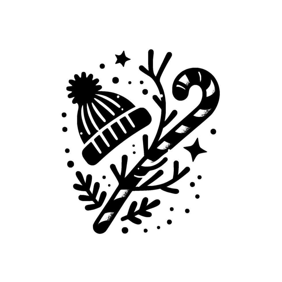 Stylized winter cozy black and white composition featuring a hat, candy cane, twigs, and stars on a blank canvas. vector