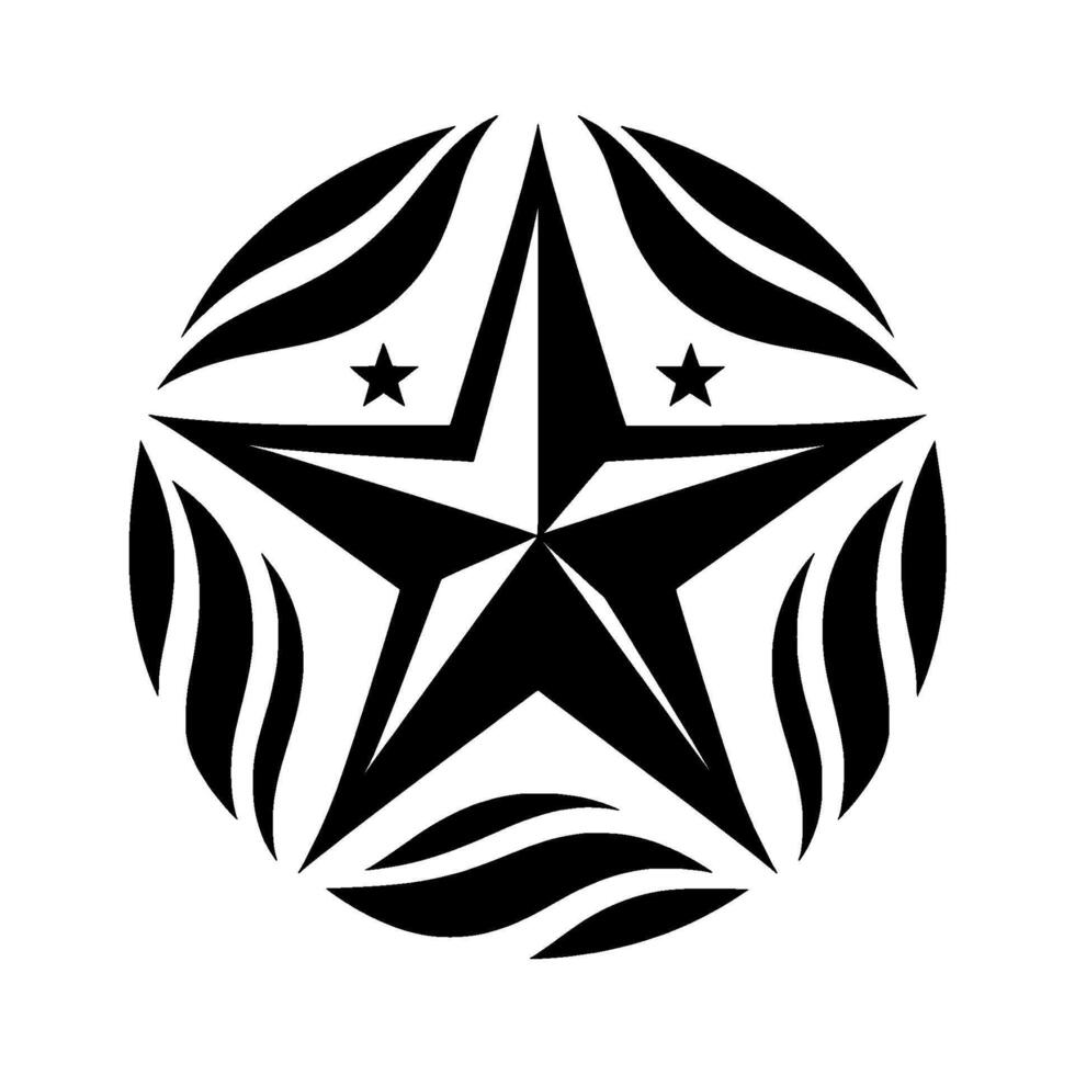 A stylized, black and white featuring a large star enclosed within a circle of abstract, curved lines and smaller stars, against a plain background. vector