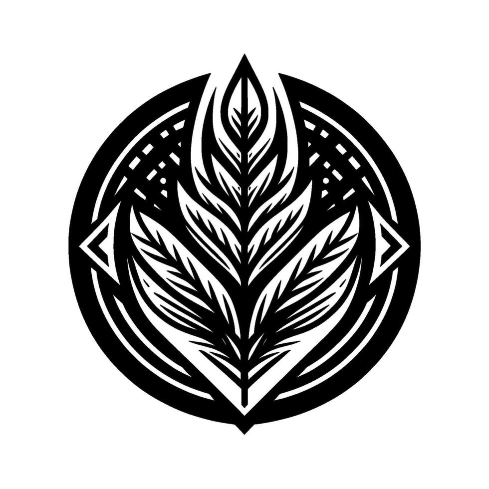 Intricate black and white circular featuring a stylized leaf arrangement with geometric accent, abstract composition. vector
