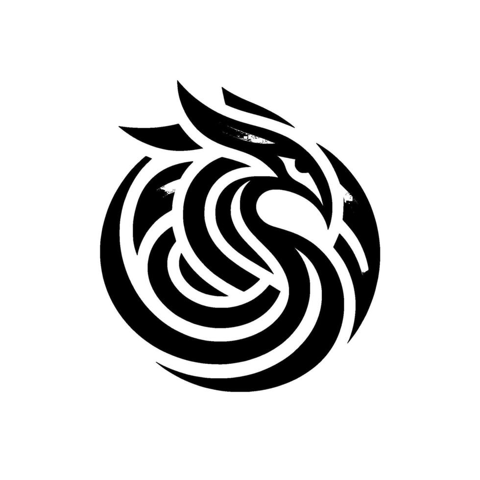A stylized, minimalist black and white depicting a mythical bird or dragon figure, gracefully curled in a circular composition on a plain white backdrop. vector