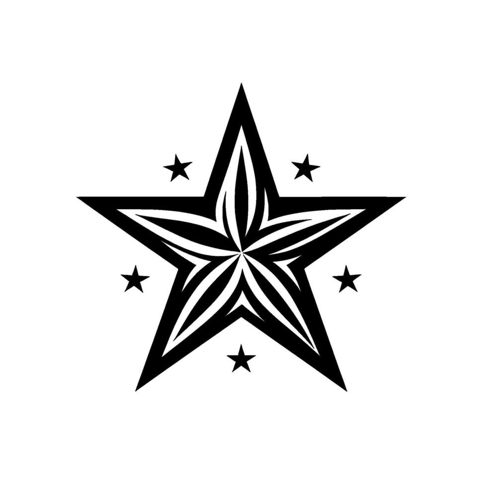 A bold, black and white, symmetrical star tattoo featuring a central flowerlike pattern and five surrounding smaller stars. vector