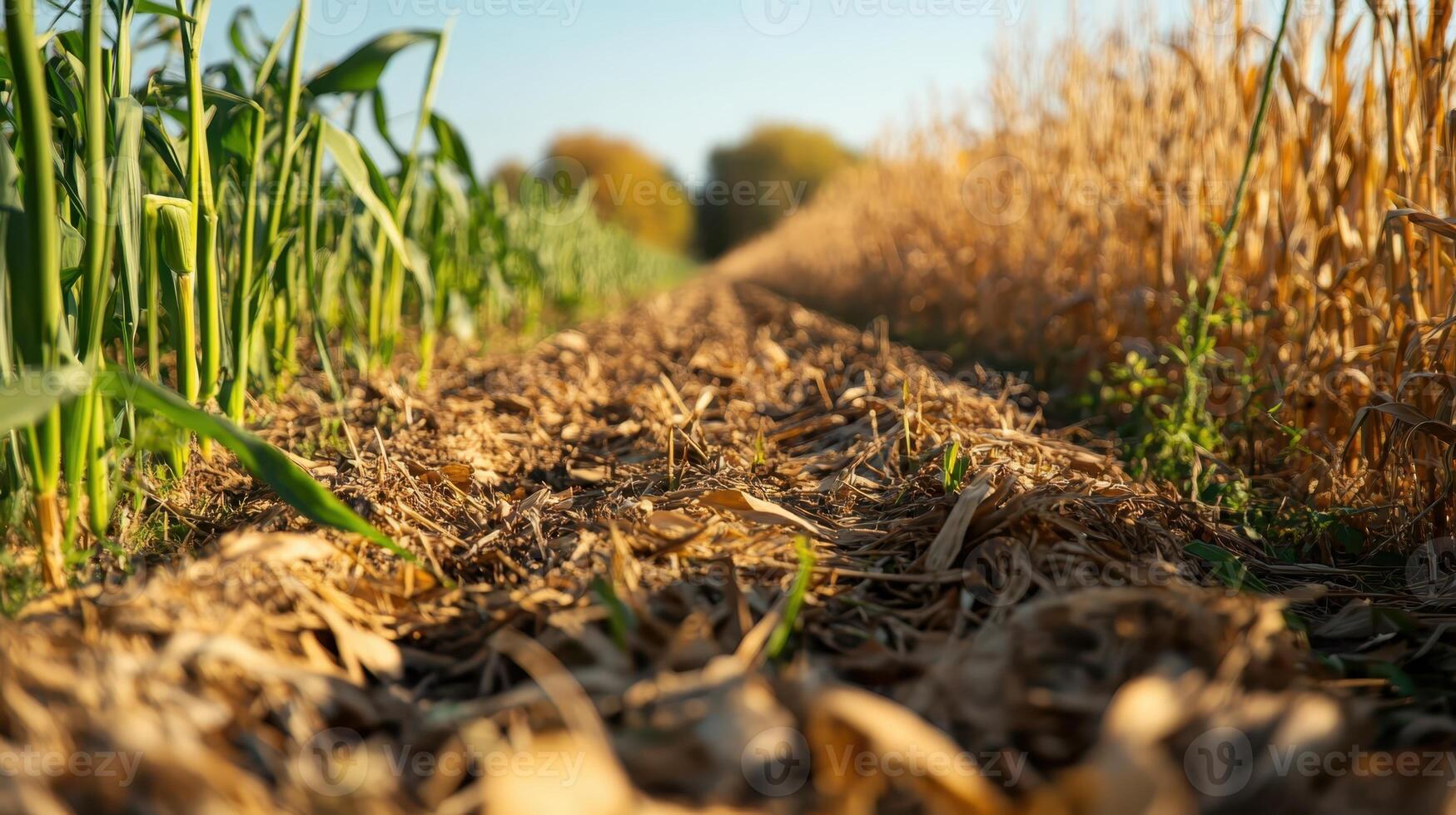 Golden cornfield contrasting with green cornrows under a blue sky on a sunny autumn afternoon in a rural landscape photo