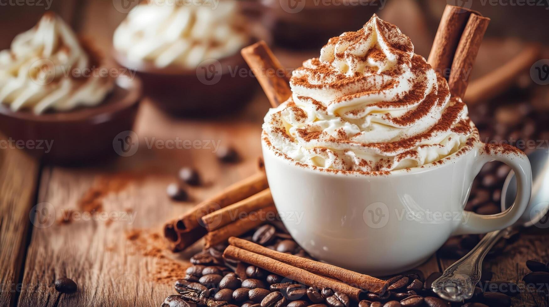 Delicious hot chocolate topped with whipped cream and cocoa powder served with cinnamon sticks and coffee beans on a rustic wooden table photo