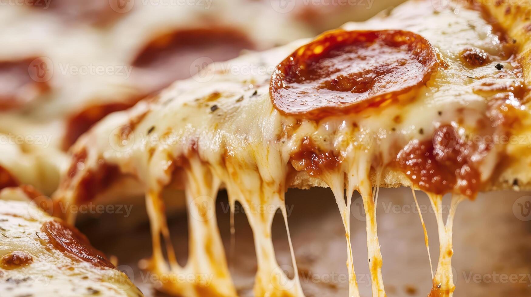 A deliciously cheesy slice of pepperoni pizza, adorned with a melty layer of cheese and a variety of flavorful toppings, sits invitingly on a rustic table setting, ready to be savored photo