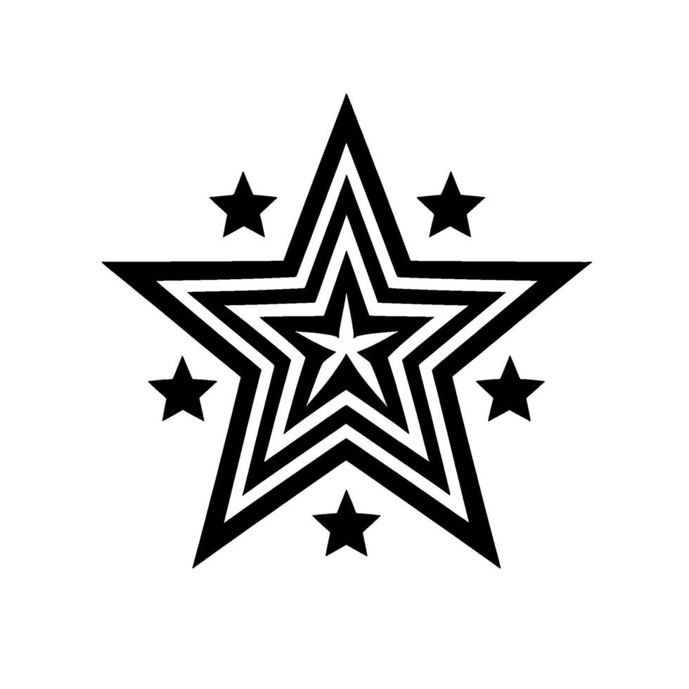 A concentric black and white star illustration featuring a central fivepointed star surrounded by multiple layered star shapes, with smaller satellite stars encircling the main design. vector
