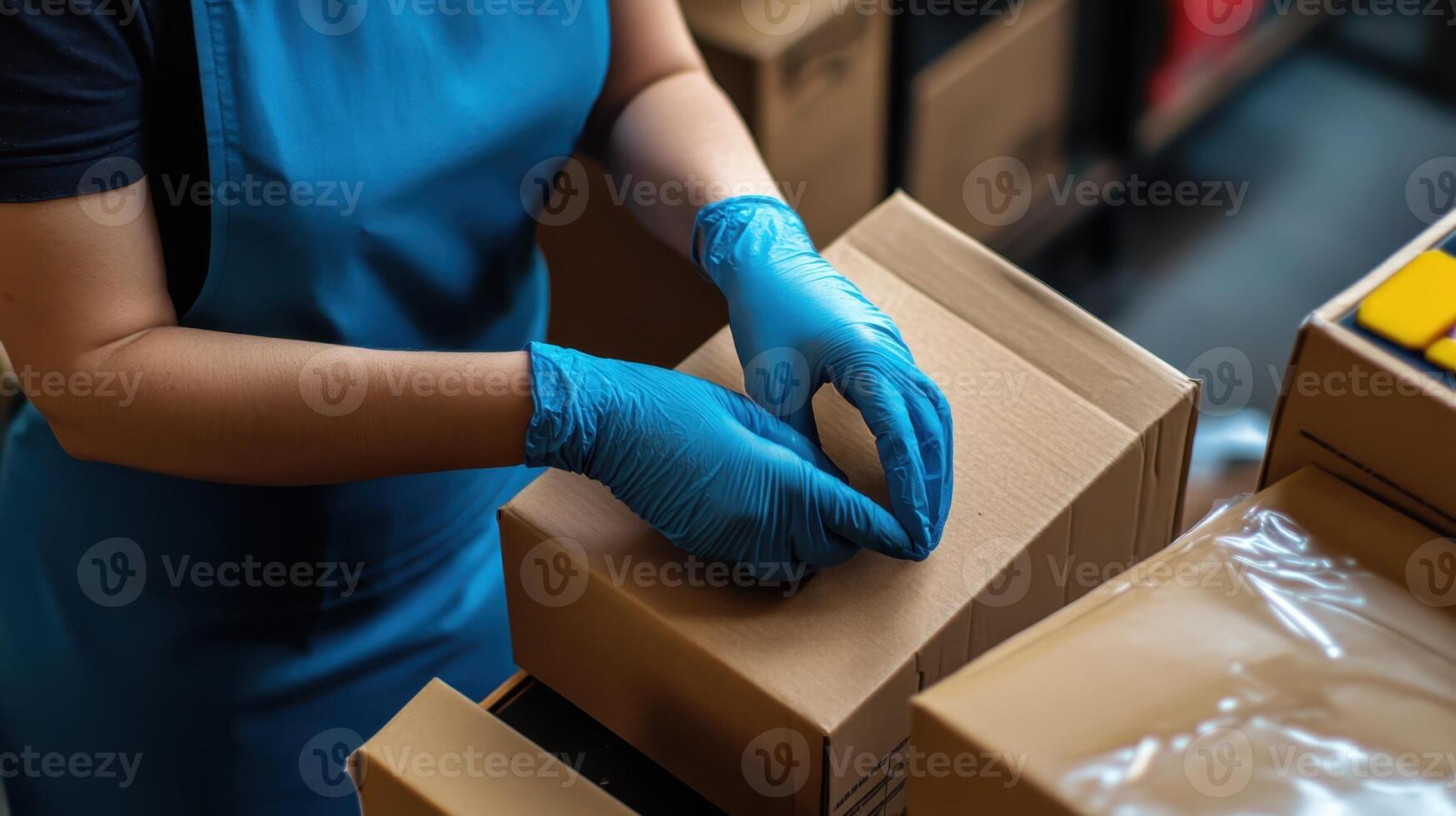 A person is seen carefully packing boxes while wearing protective gloves, all within a bustling warehouse filled with activity during the daytime photo