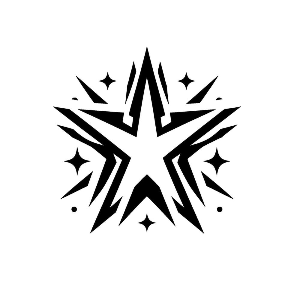 Bold, stylized black and white star with a sharp, modern design, featuring radiating lines and complementary smaller stars on a white background. vector