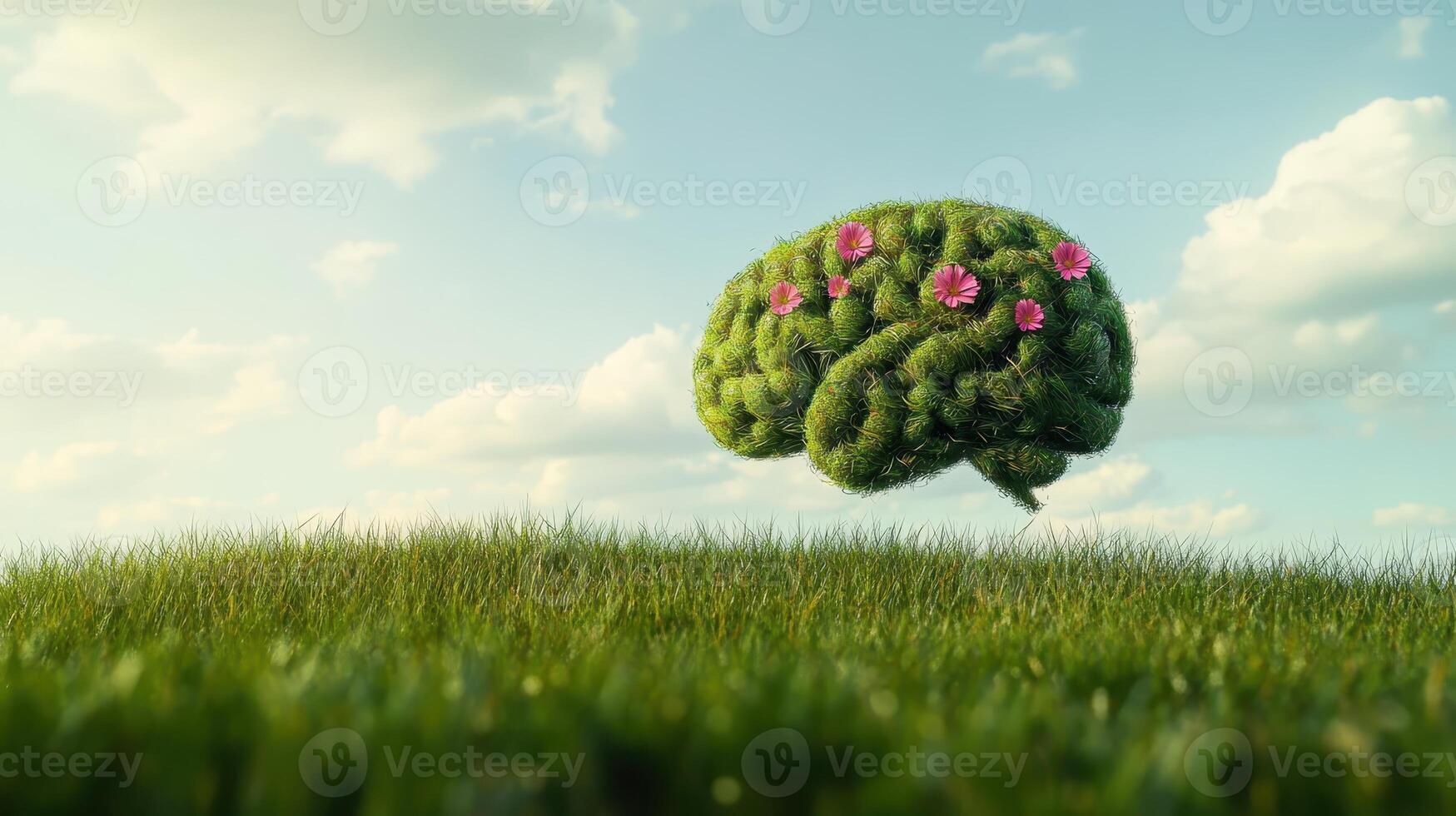 A vibrant green tree, resembling a brain, is adorned with beautiful pink flowers as it stands proudly in a lush grassy field beneath a radiant blue sky photo